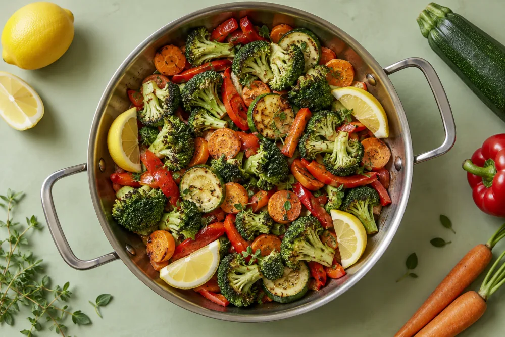 A colourful pan of broccoli, carrots, courgette, peppers and lemon on a green table