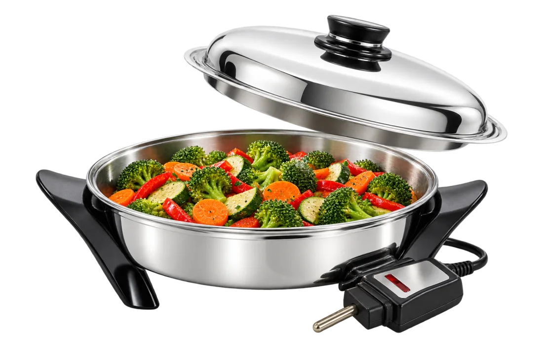 Illustrative electric skillet with vegetables and an open lid