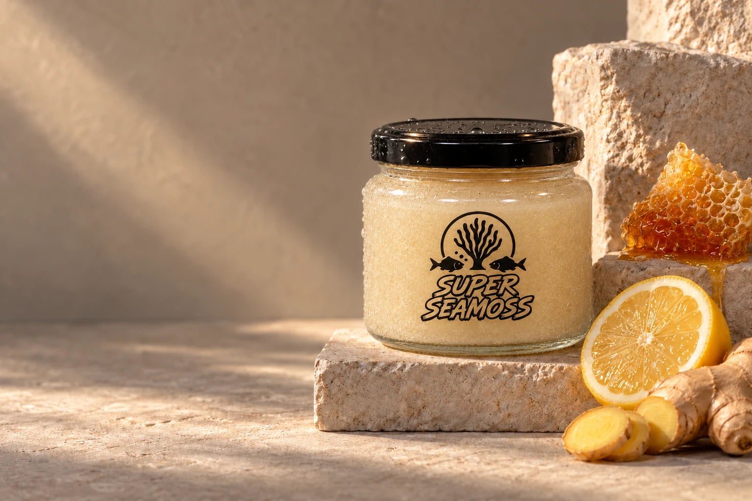 Creamy seamoss jar with honeycomb and lemon on sculpted stone
