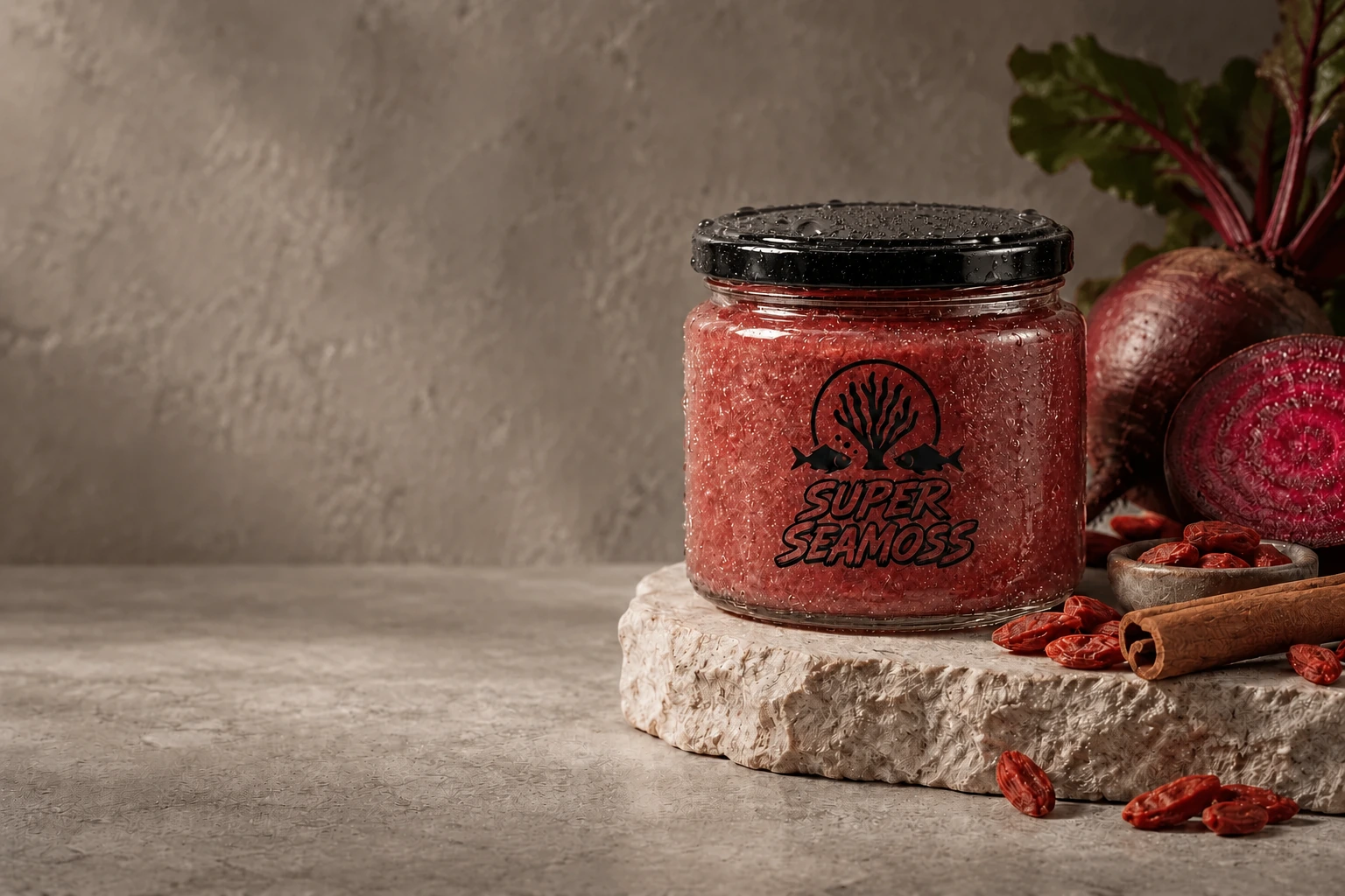 Beetroot seamoss jar with beetroot, goji berries and cinnamon