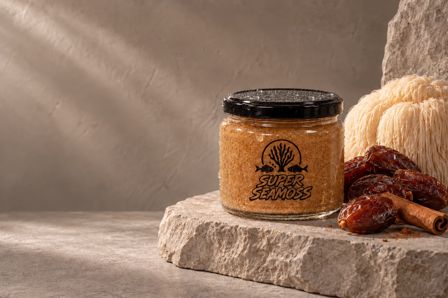Date-brown seamoss jar with dates, cinnamon and lion’s mane