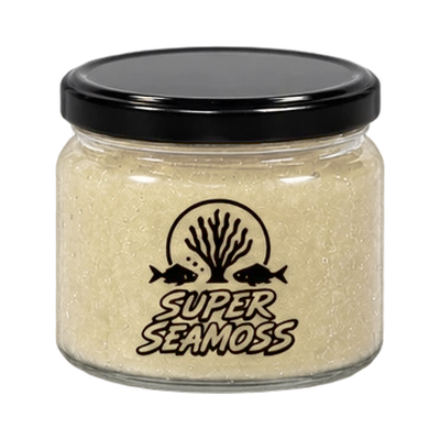Manuka Glow Seamoss jar with a smooth black lid