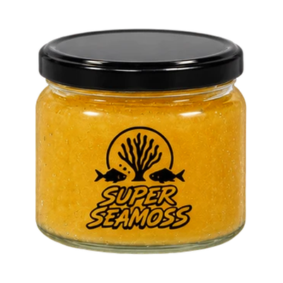 Wonder Woman Seamoss jar with a smooth black lid