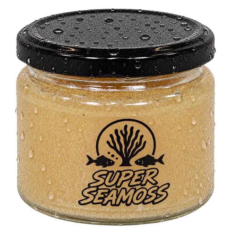 Super Seamoss jar with a smooth black lid and fresh water droplets