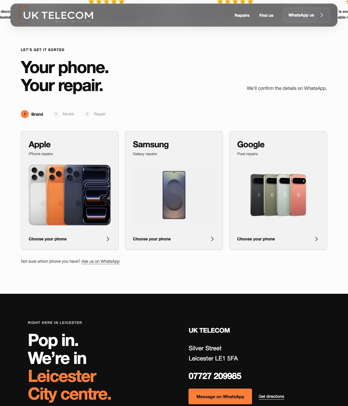UK Telecom: interactive phone repair picker with Apple, Samsung and Google phones